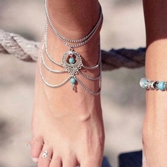 Boho Turquoise barefoot sandal anklet - Picture 3 of 4
